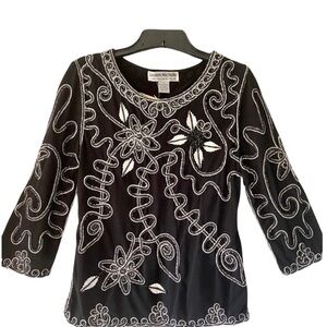 Lauren Michelle Womens Black White Top Embellished Evening Party Blouse Small S